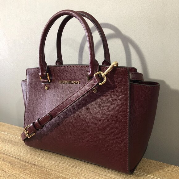 Michael Kors Selma Medium Saffiano Leather Merlot/Wine Satchel Crosbody Handbag - Picture 5 of 16